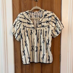 Umgee Cream and Navy Bow Pattern Blouse